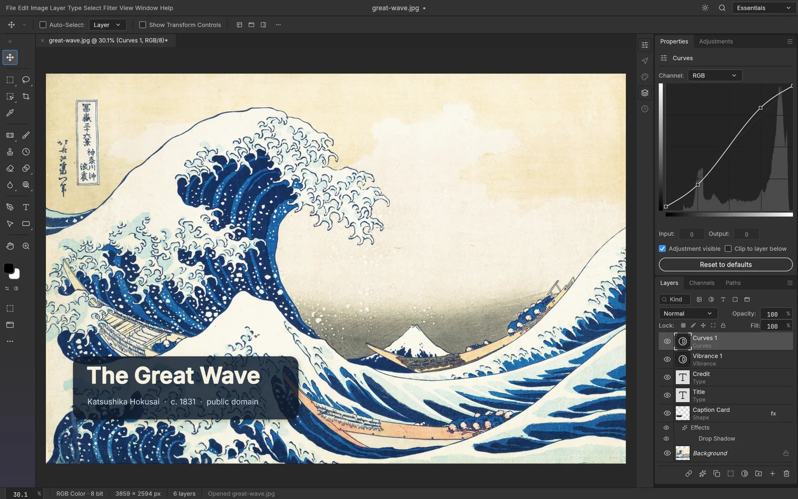 PhotoCraft displaying Hokusai's Great Wave with type layers and the Curves editor